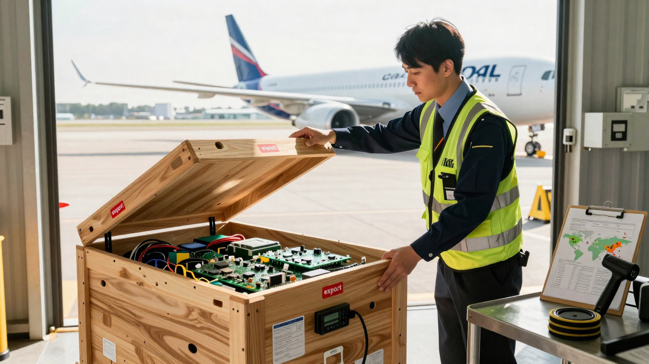 Homem com colete refletivo inspeciona caixa de madeira com equipamento eletrônico em aeroporto, avião ao fundo.