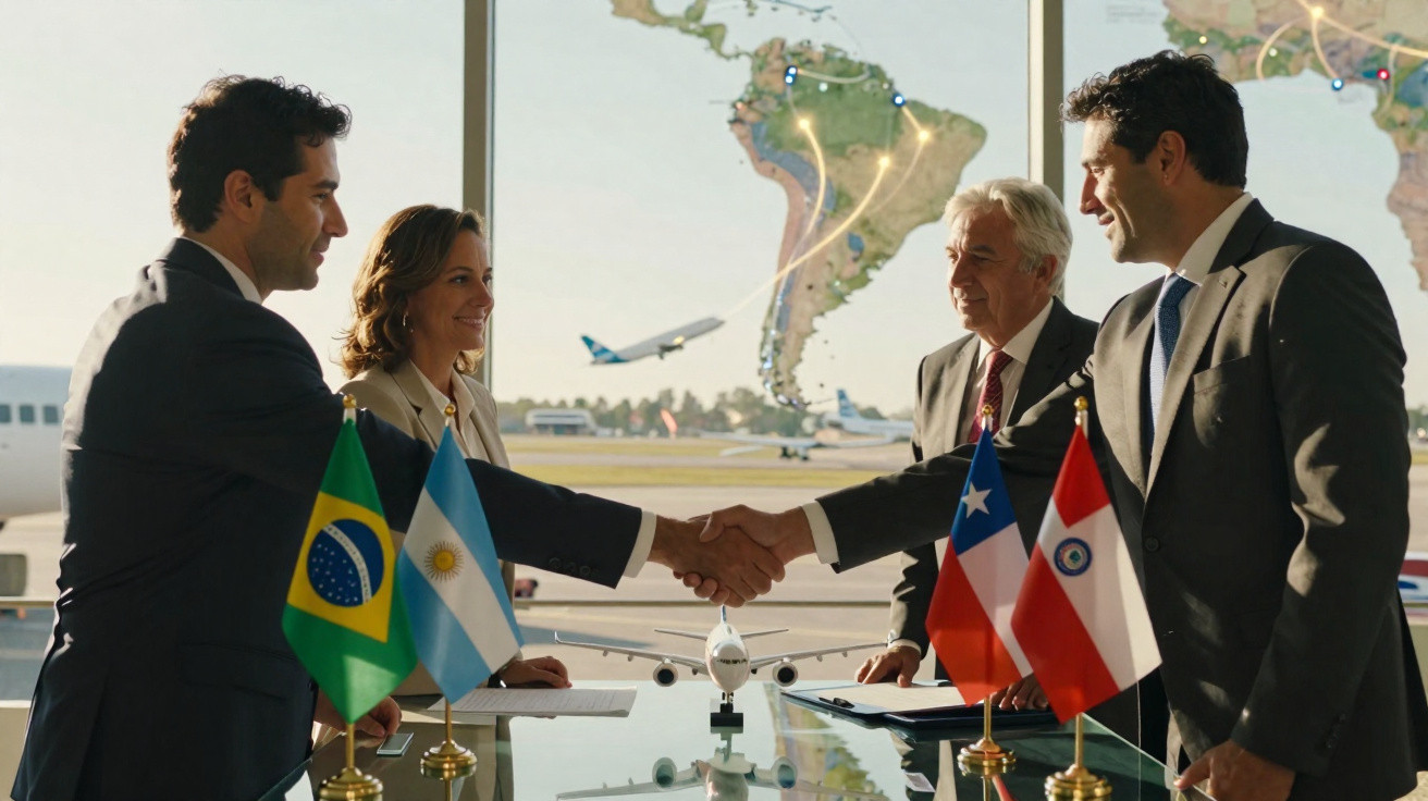 Quatro pessoas em reunião de negócios com bandeiras do Brasil, Argentina, Chile e Paraguai em mesa de vidro.