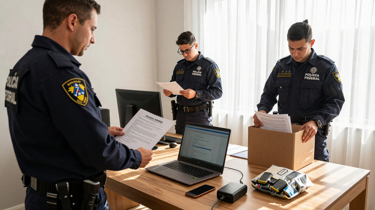 Três policiais federais em uniforme analisam documentos em uma sala com mesa, laptop e caixa de papelão.
