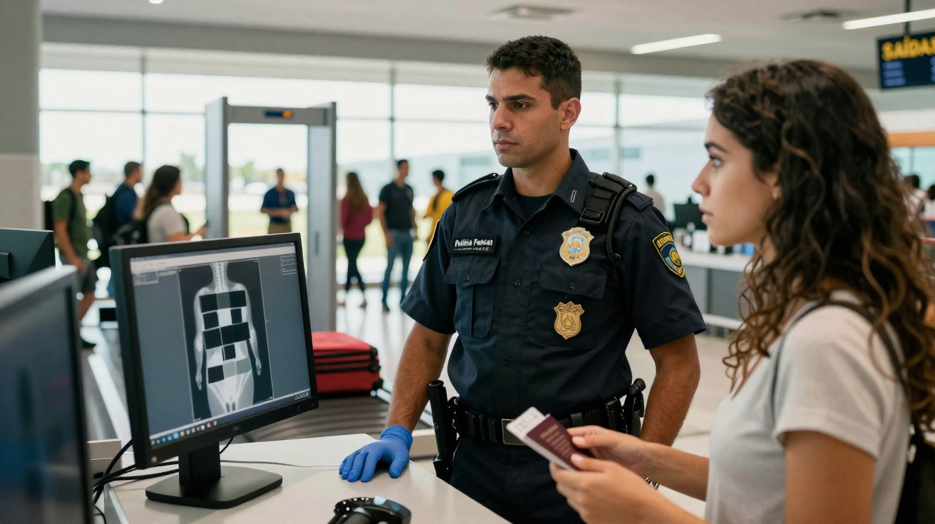 Policial federal e mulher em controle de segurança de aeroporto com scanner corporal ao fundo.