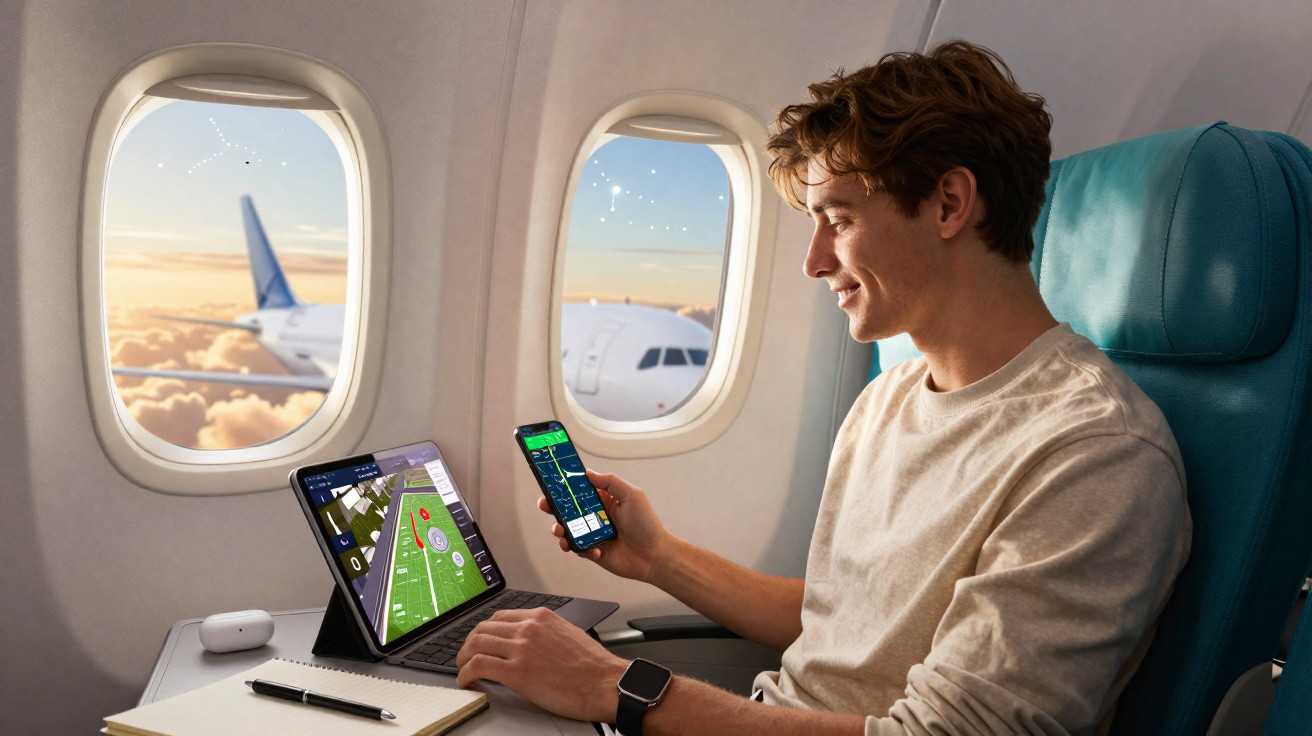 Jovem sentado em avião usando tablet e celular com cadernos sobre mesa dobrável e janelas com vista para céu e outro avião.