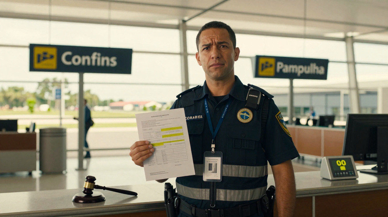 Agente de segurança em aeroporto segurando documento com expressão séria, balcão e placas de destinos no fundo.