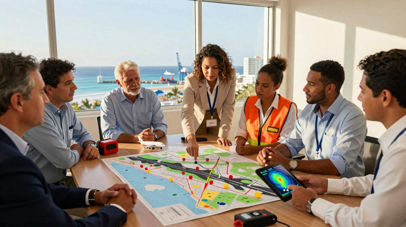 Grupo de profissionais discutindo projeto com mapa e dispositivos eletrônicos em sala com vista para o mar.
