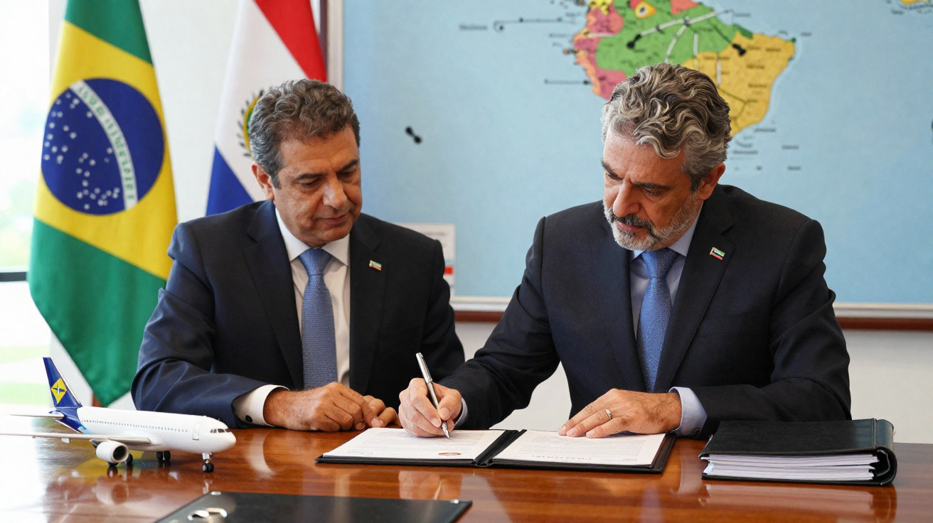 Dois homens de terno formal assinam documentos em mesa com miniatura de avião e bandeiras do Brasil e Paraguai ao fundo.