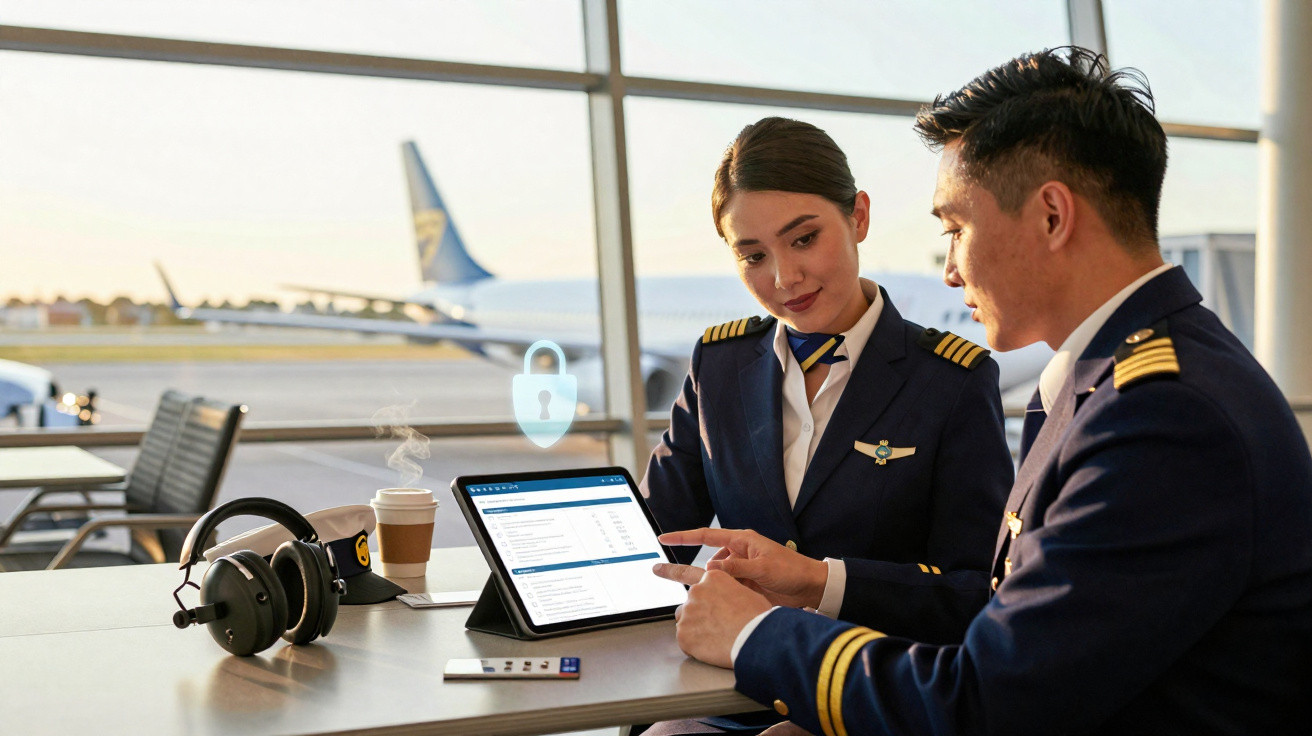 Dois pilotos em uniformes conversam sobre informações exibidas em um tablet no saguão do aeroporto.