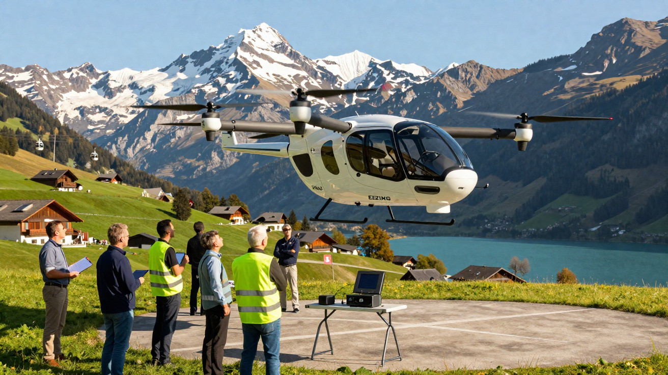 Homens observam helicóptero elétrico decolando em campo verde com montanhas e lago ao fundo.