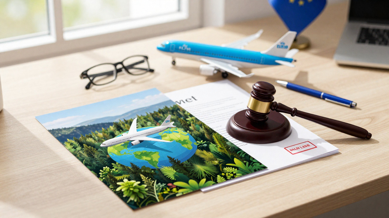 Mesa com documento de viagem, maquete de avião, martelo de juiz, óculos e caneta azul.