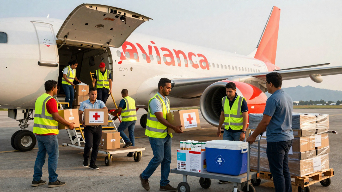 Pessoas descarregando caixas de ajuda humanitária de avião da Avianca em pista de aeroporto.
