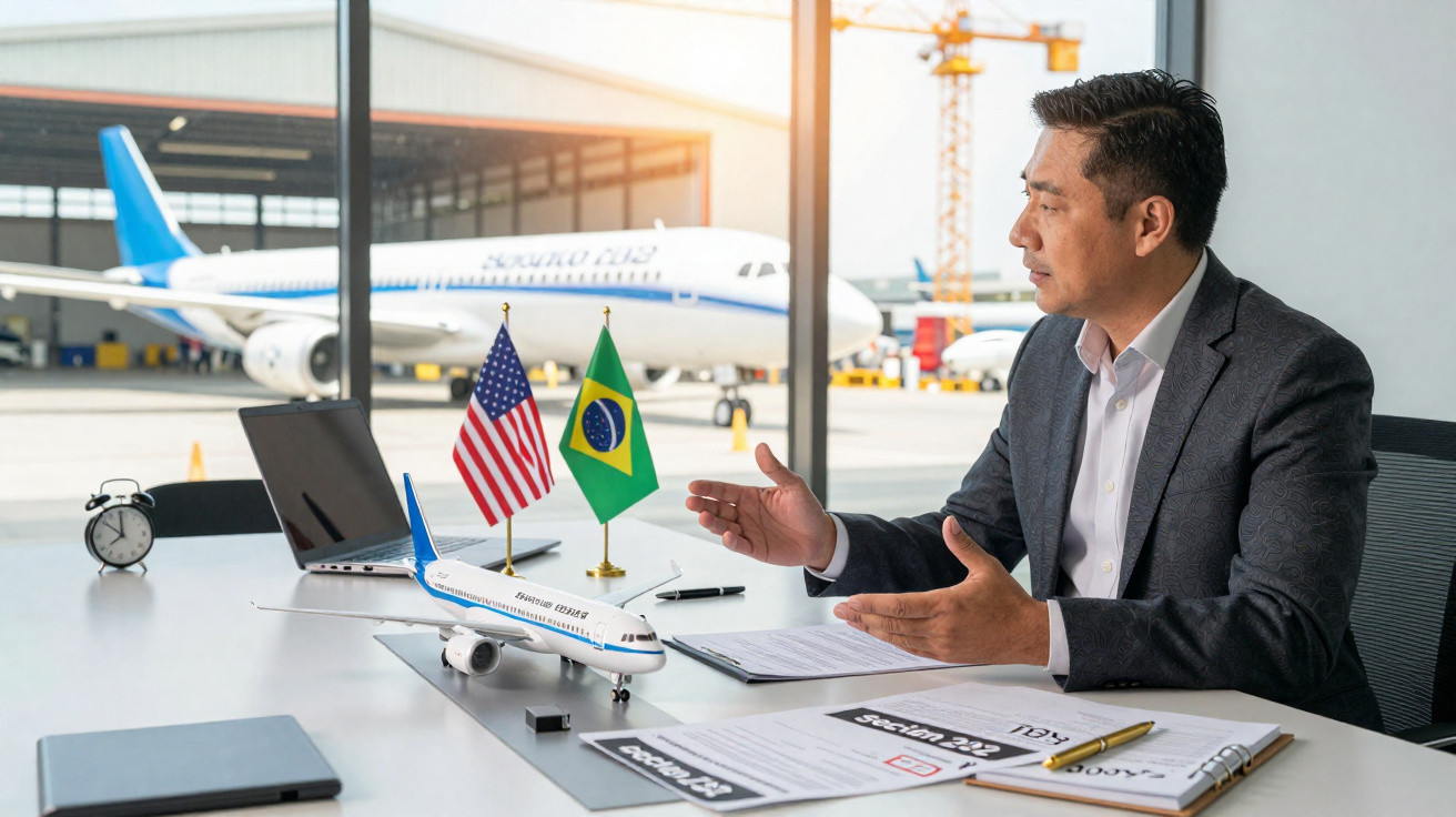 Homem de negócios discutindo potencial parceria aérea com miniatura de avião e bandeiras do Brasil e EUA.