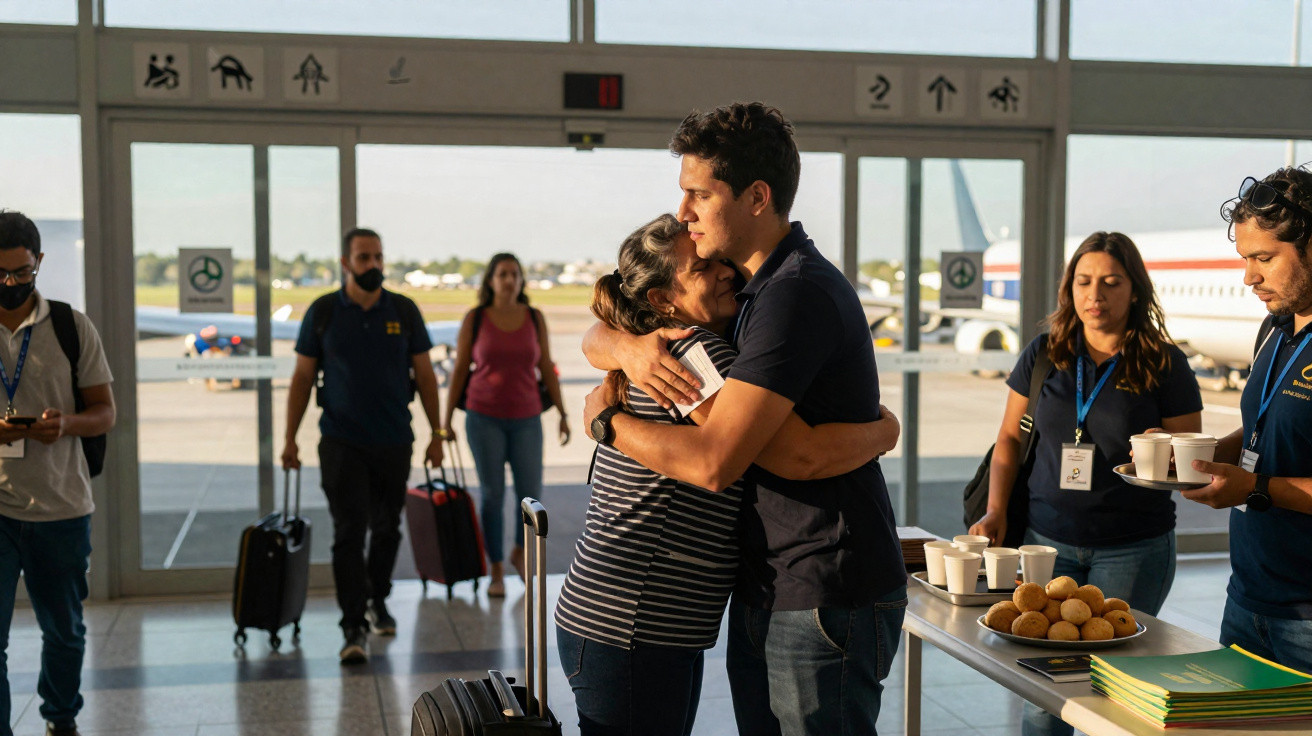 Pessoa abraça familiar no aeroporto, com outras pessoas e mesa com lanches ao lado.