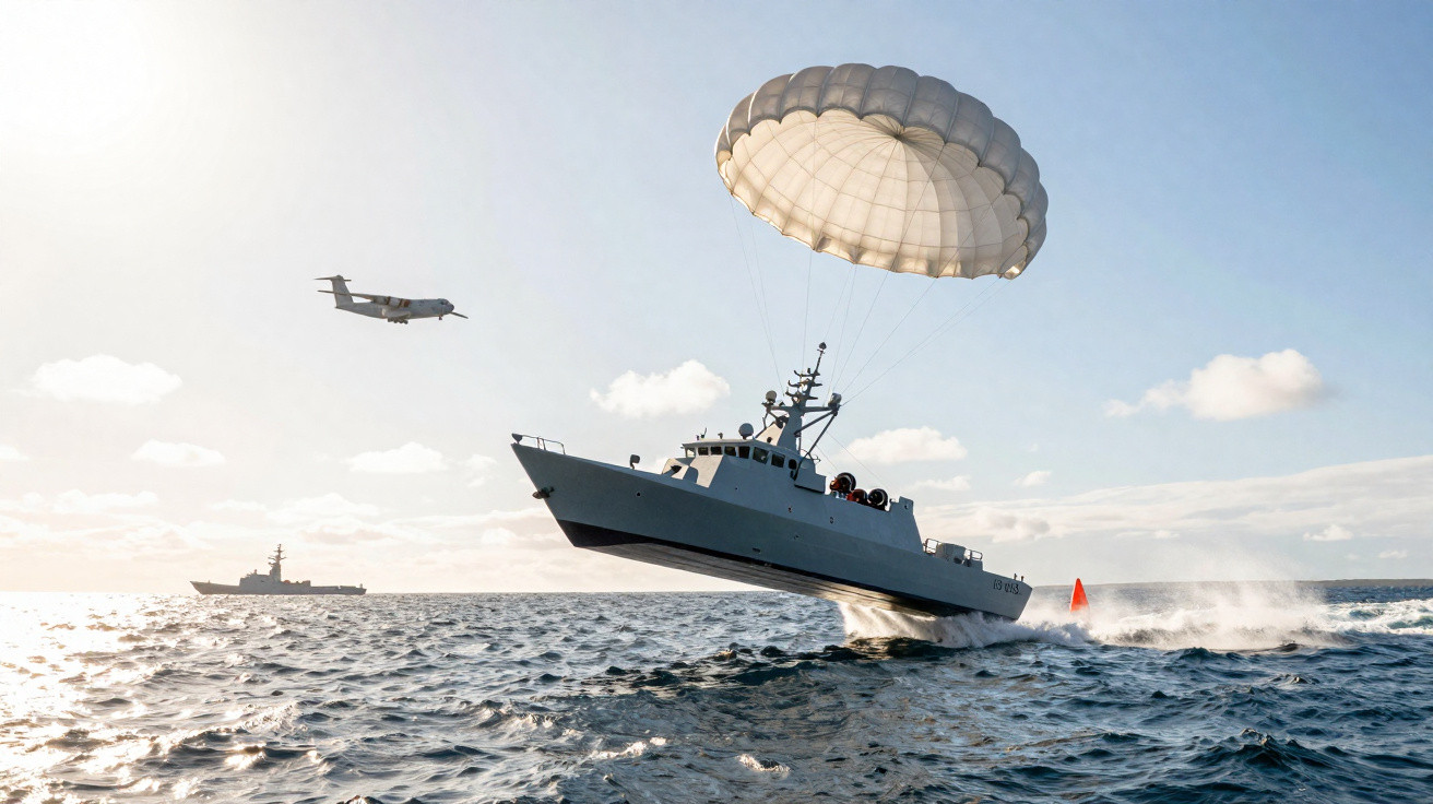 Barco militar suspenso no ar por paraquedas sobre o mar com avião e outro navio ao fundo.