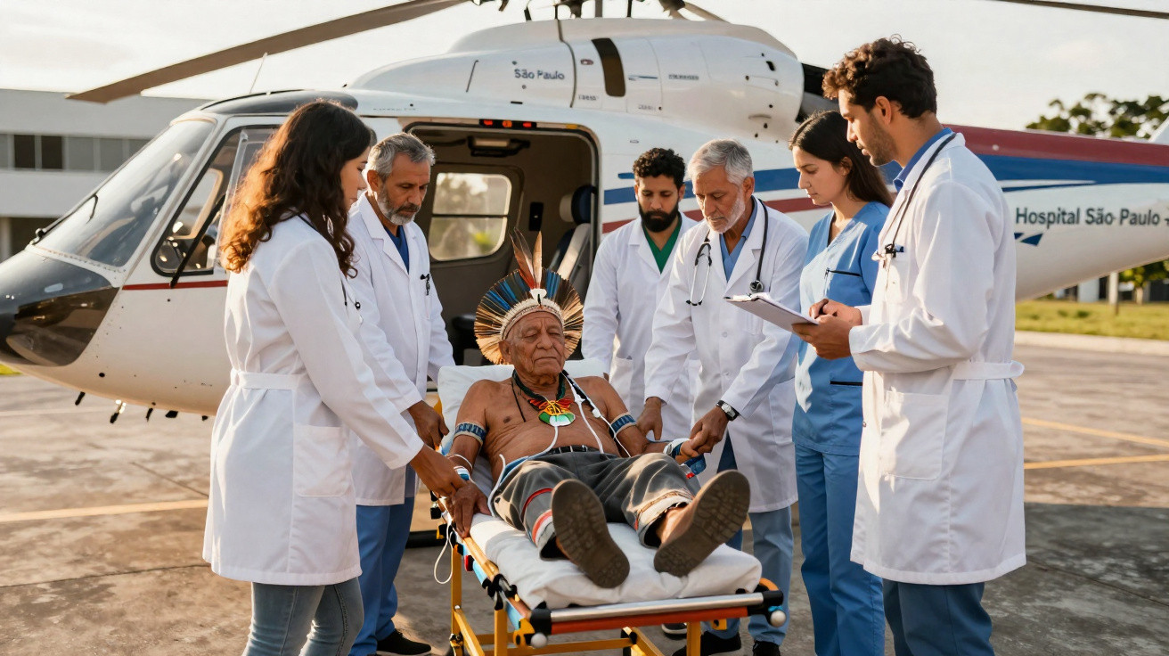 Equipe médica atende indígena em maca próximo a helicóptero de hospital no heliponto.