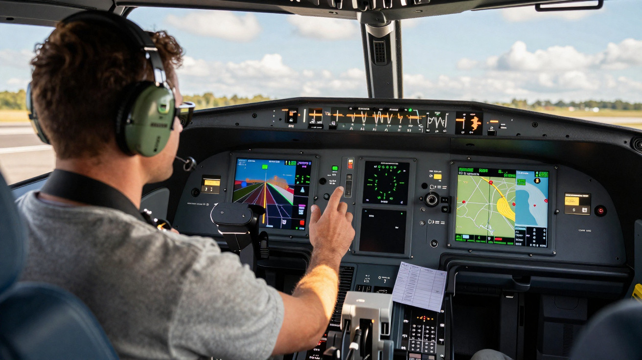 Piloto usando fone de ouvido e controlando instrumentos digitais no cockpit de uma aeronave.