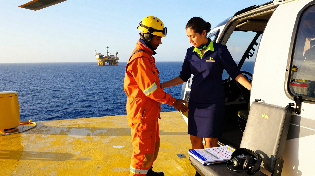 Homem com uniforme laranja e capacete cumprimenta mulher em uniforme azul ao lado de helicóptero no mar.