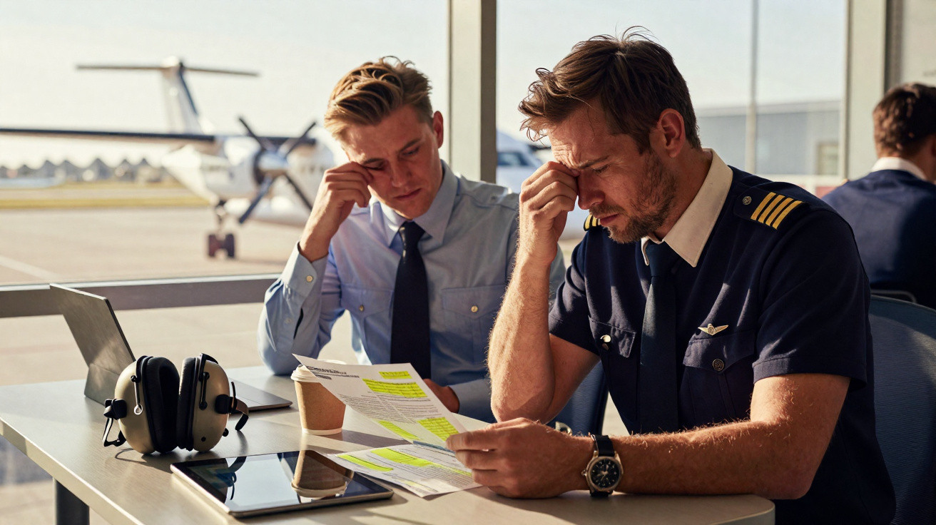 Dois pilotos em uniforme analisam documentos destacados, sentados em mesa no aeroporto com avião ao fundo.