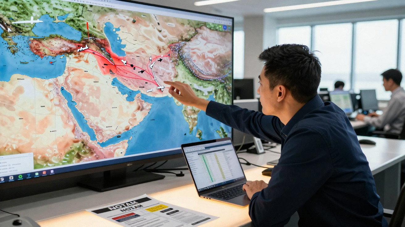 Homem analisando rotas aéreas em mapa digital da Ásia e Europa em escritório moderno.