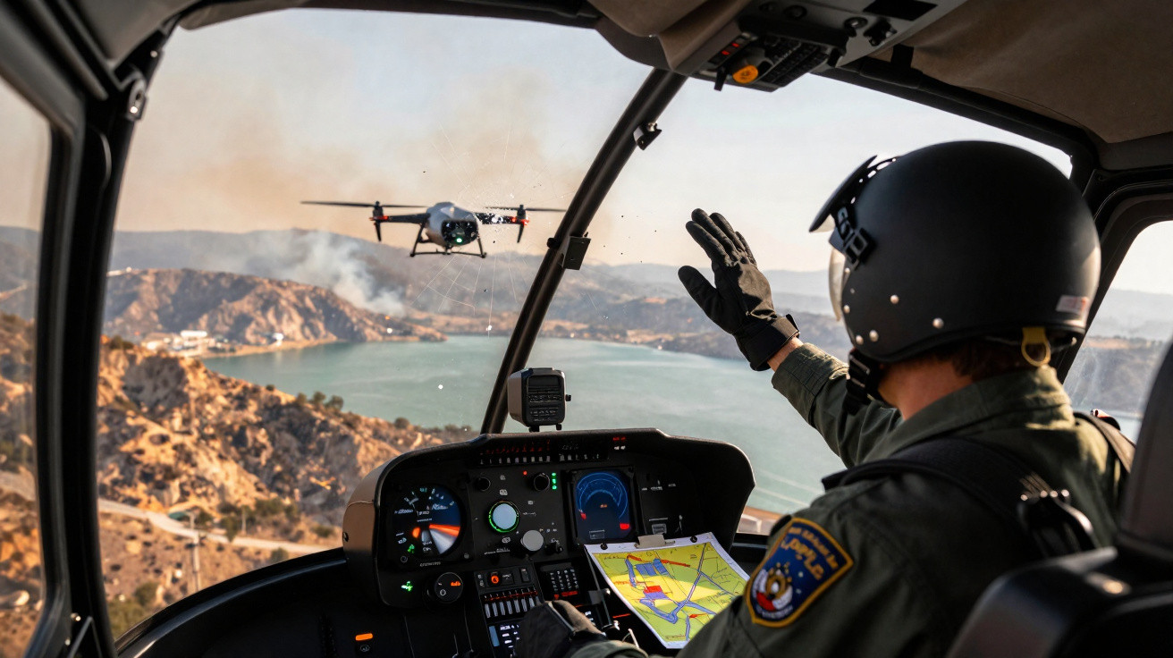 Piloto em helicóptero acenando para drone sobre lago e montanhas em área de vegetação seca.