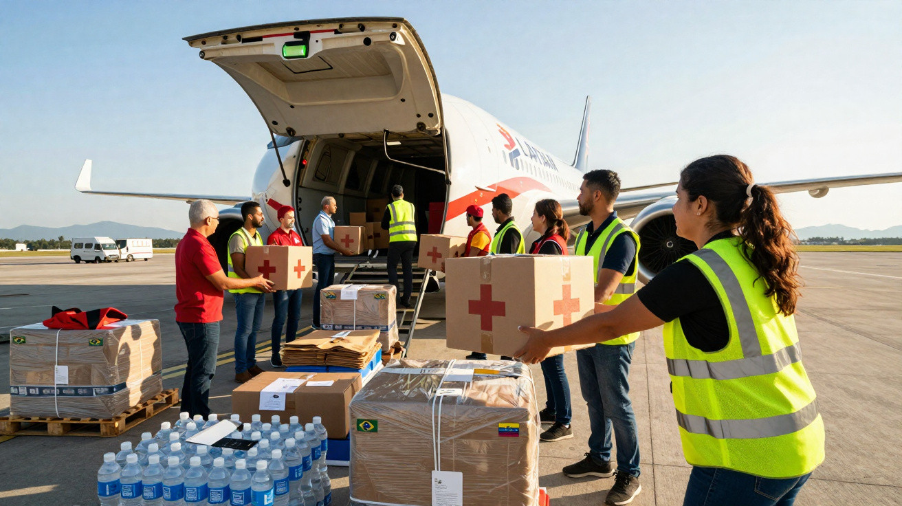 Equipe descarregando caixas de ajuda humanitária de avião em aeroporto durante dia ensolarado.