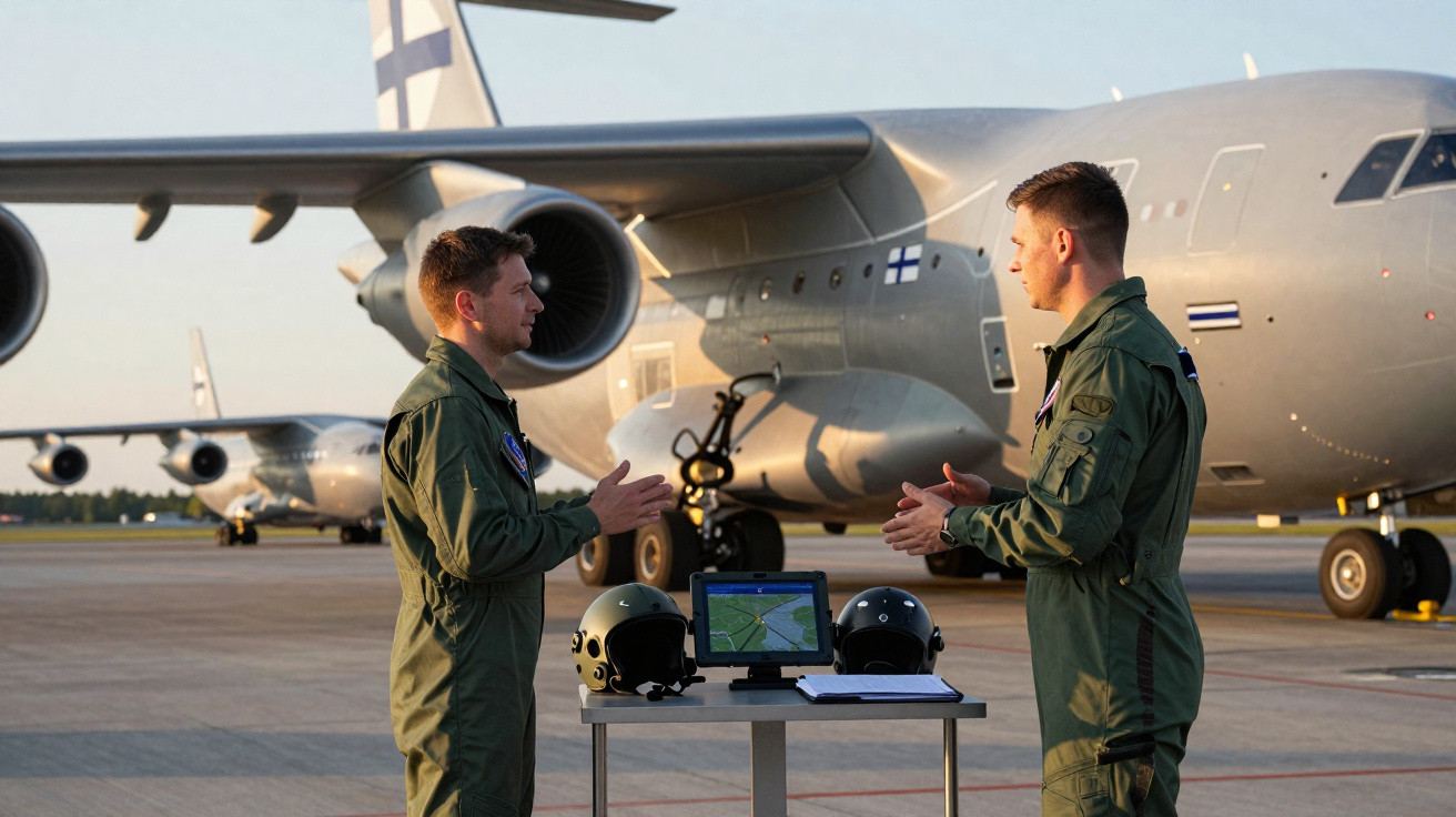 Dois pilotos militares conversam em pista de aeroporto com aviões e equipamentos de navegação entre eles.