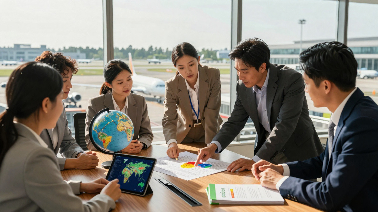 Pessoas em reunião de negócios em aeroporto, discutindo gráficos e mapas com globo e tablet na mesa.