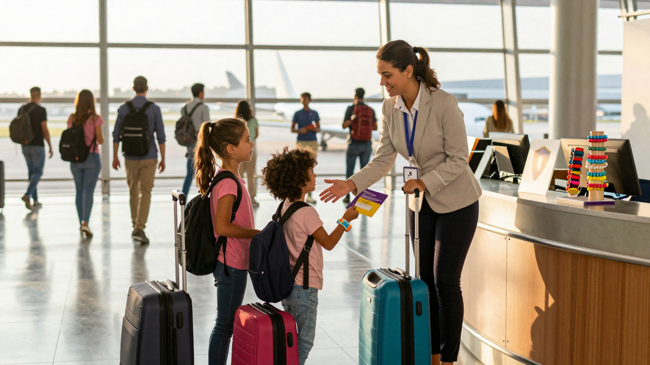Funcionária de aeroporto entrega documentos para duas crianças com mochilas e malas ao lado do balcão.