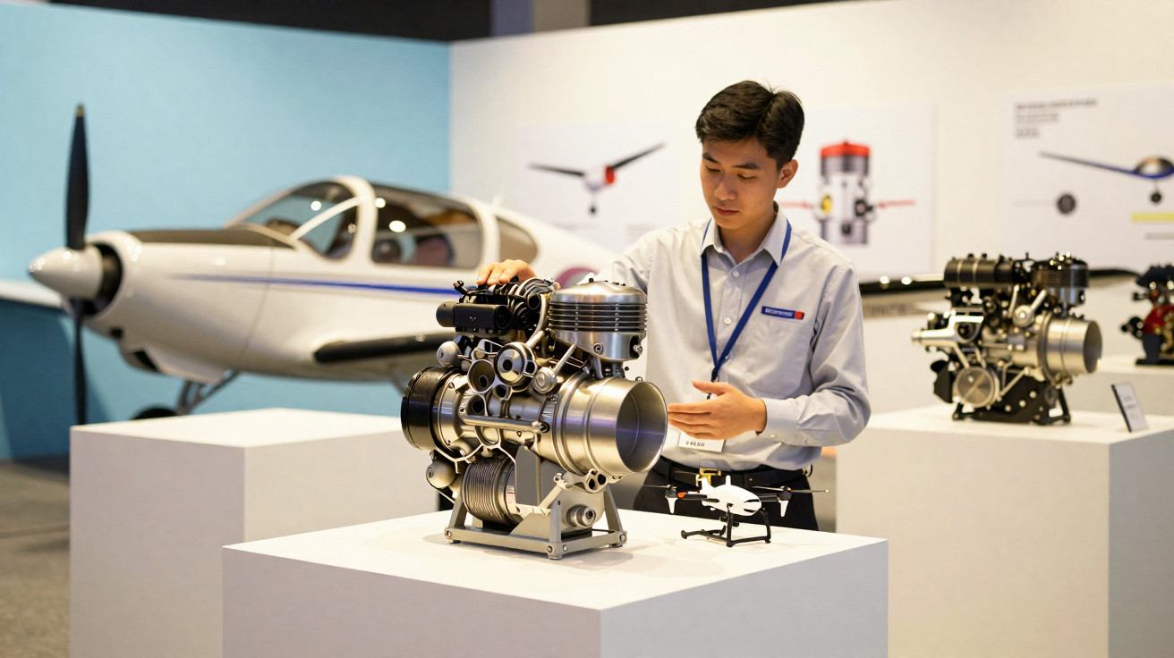 Homem mostrando motor de avião em exposição com aeronave ao fundo.