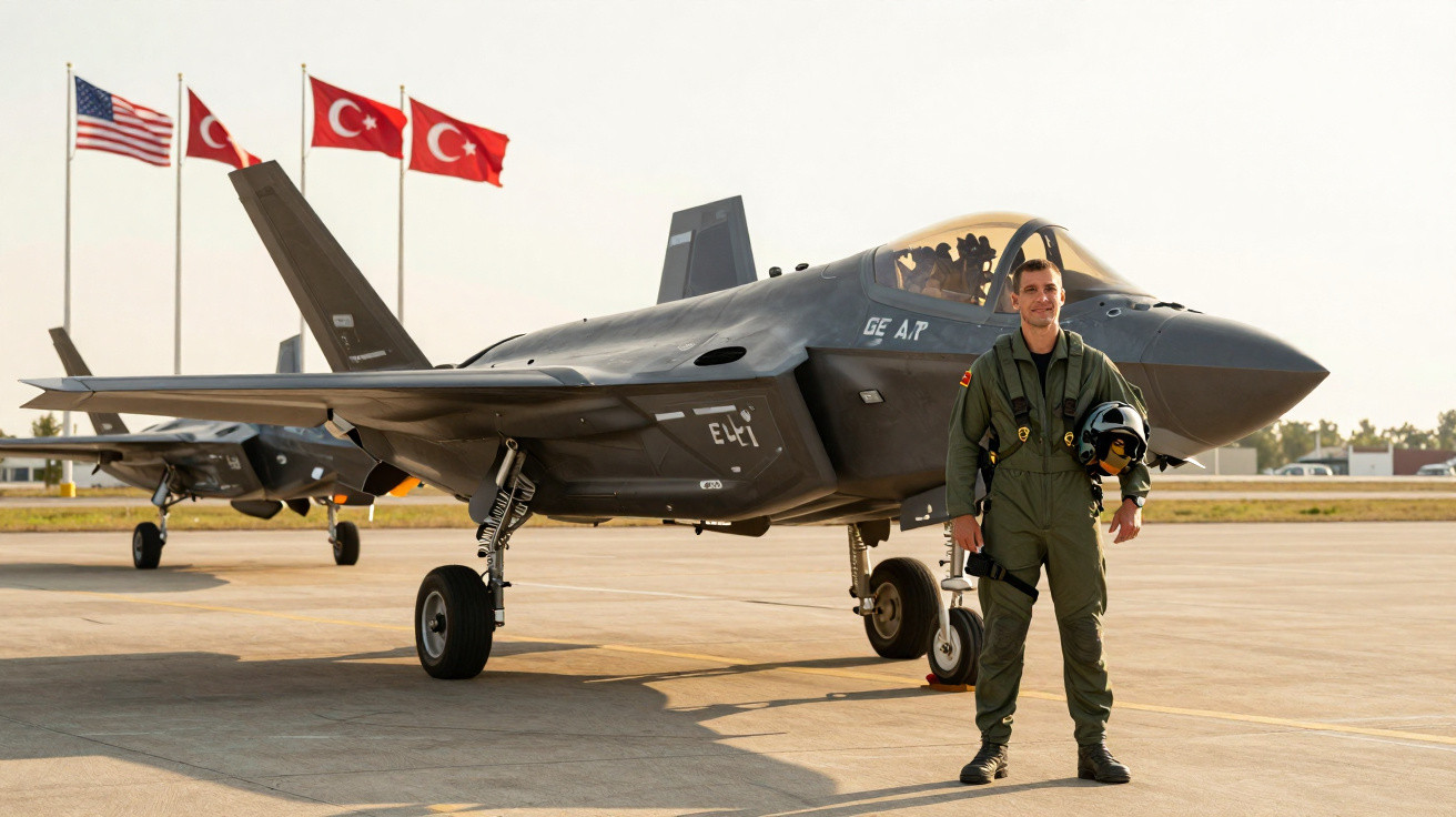 Piloto militar em uniforme ao lado de jato de combate estacionado em pista com bandeiras dos EUA e Turquia ao fundo.