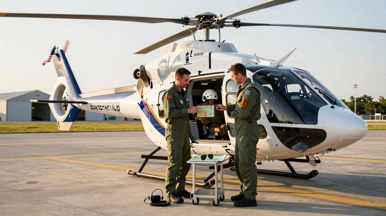 Dois pilotos em uniforme discutem um plano em frente a um helicóptero branco parado na pista de pouso.