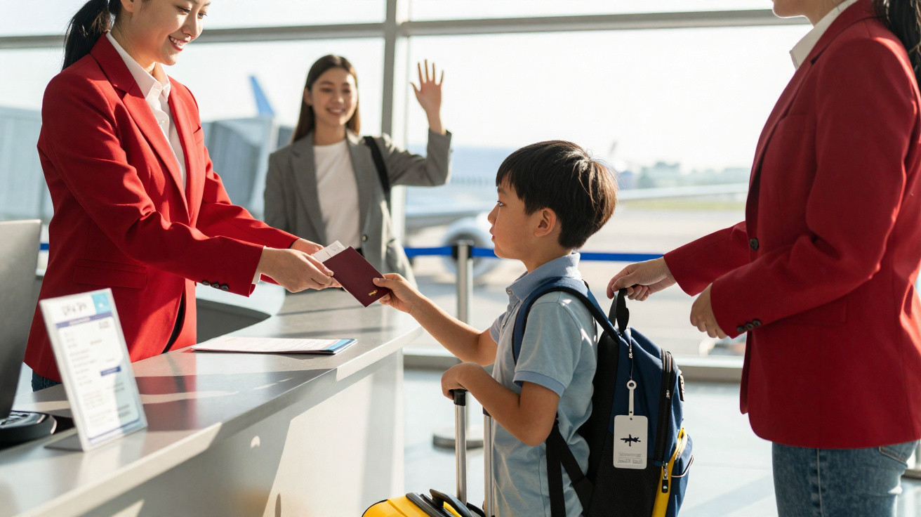 Criança entregando passaporte para atendente no balcão do aeroporto enquanto mulher acena ao fundo.