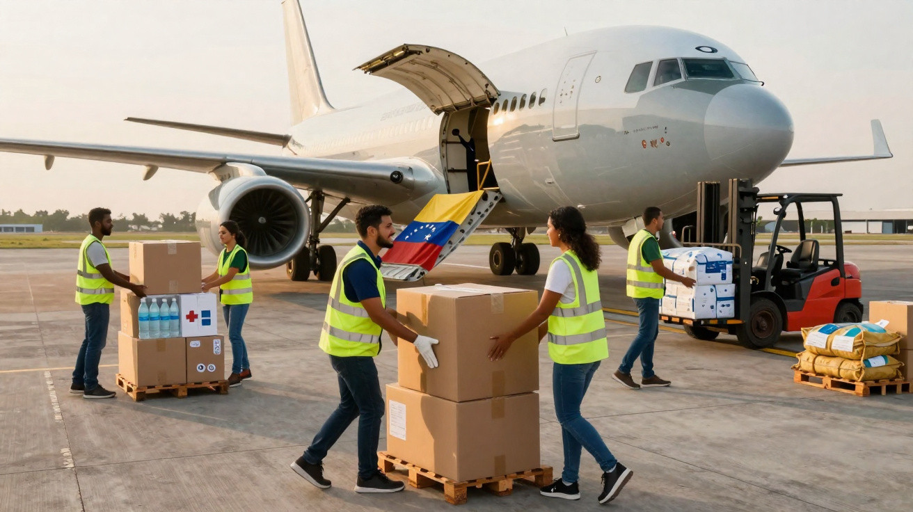 Equipe de trabalhadores carregando caixas e suprimentos ao lado de avião com bandeira da Venezuela no aeroporto.