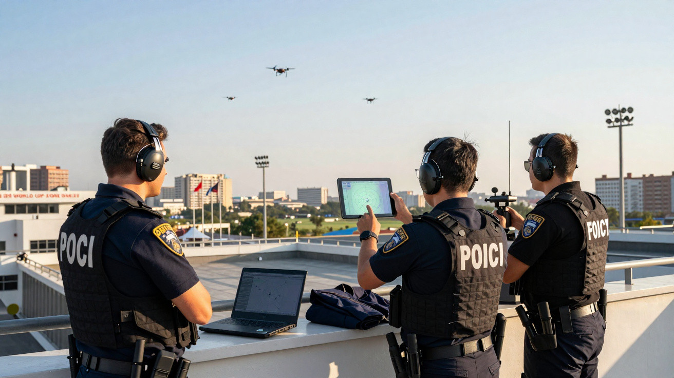 Três policiais usando colete à prova de balas operam drones e dispositivos eletrônicos em um terraço durante o dia.
