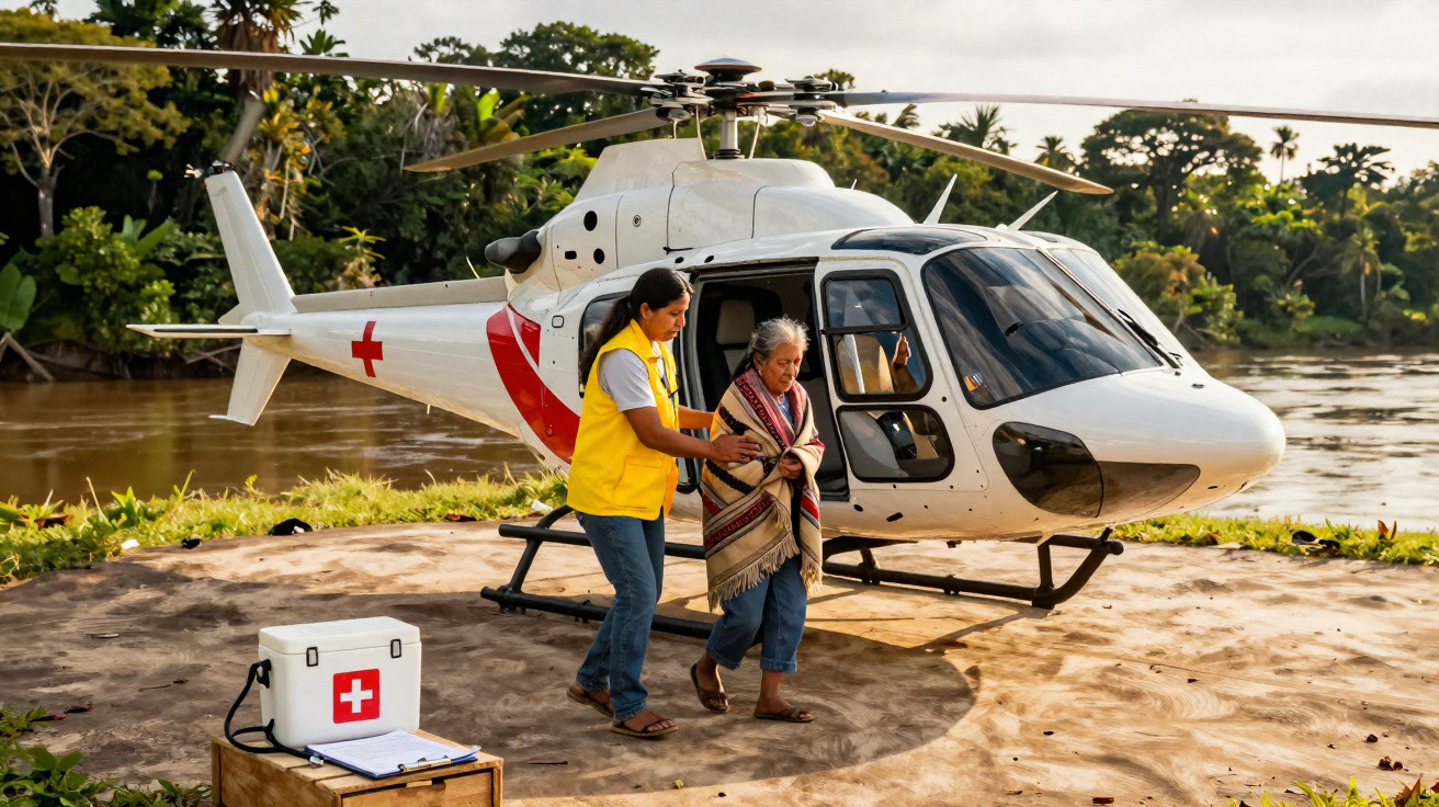 Profissional de saúde ajudando idosa a sair de helicóptero médico em área rural próxima a rio.
