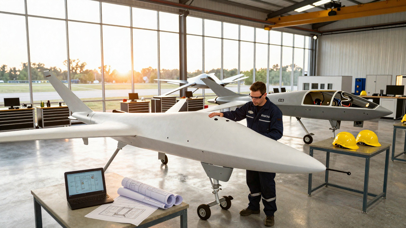 Homem inspeciona drone grande branco em oficina com projeto na mesa e outro drone ao fundo.
