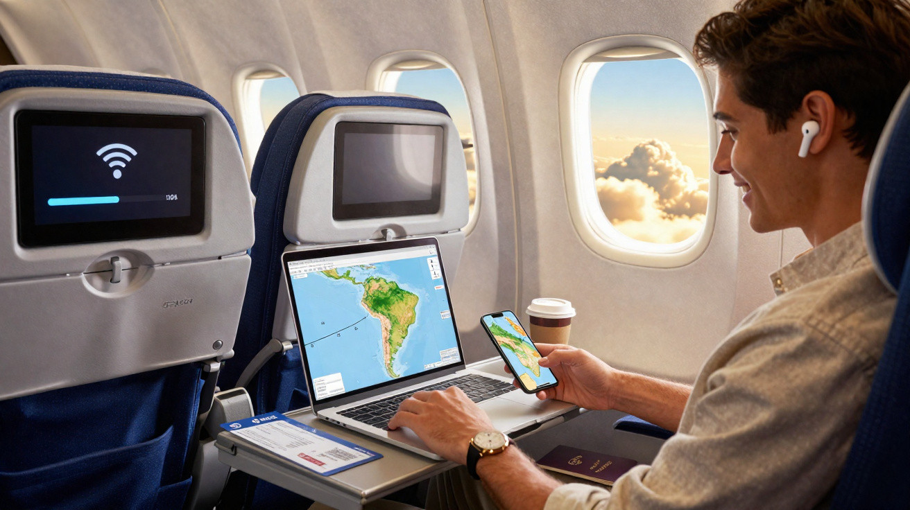 Homem sorridente usa laptop e smartphone com mapas sentado em avião com copo de café ao lado.