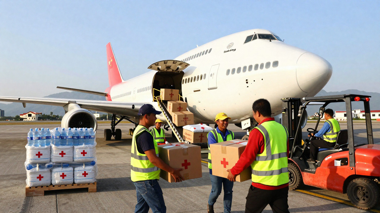 Trabalhadores descarregando caixas de ajuda humanitária de avião em aeroporto ao ar livre.