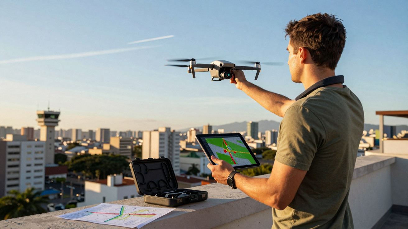 Homem segurando drone com uma mão e tablet com mapa na outra em cobertura urbana ao entardecer.