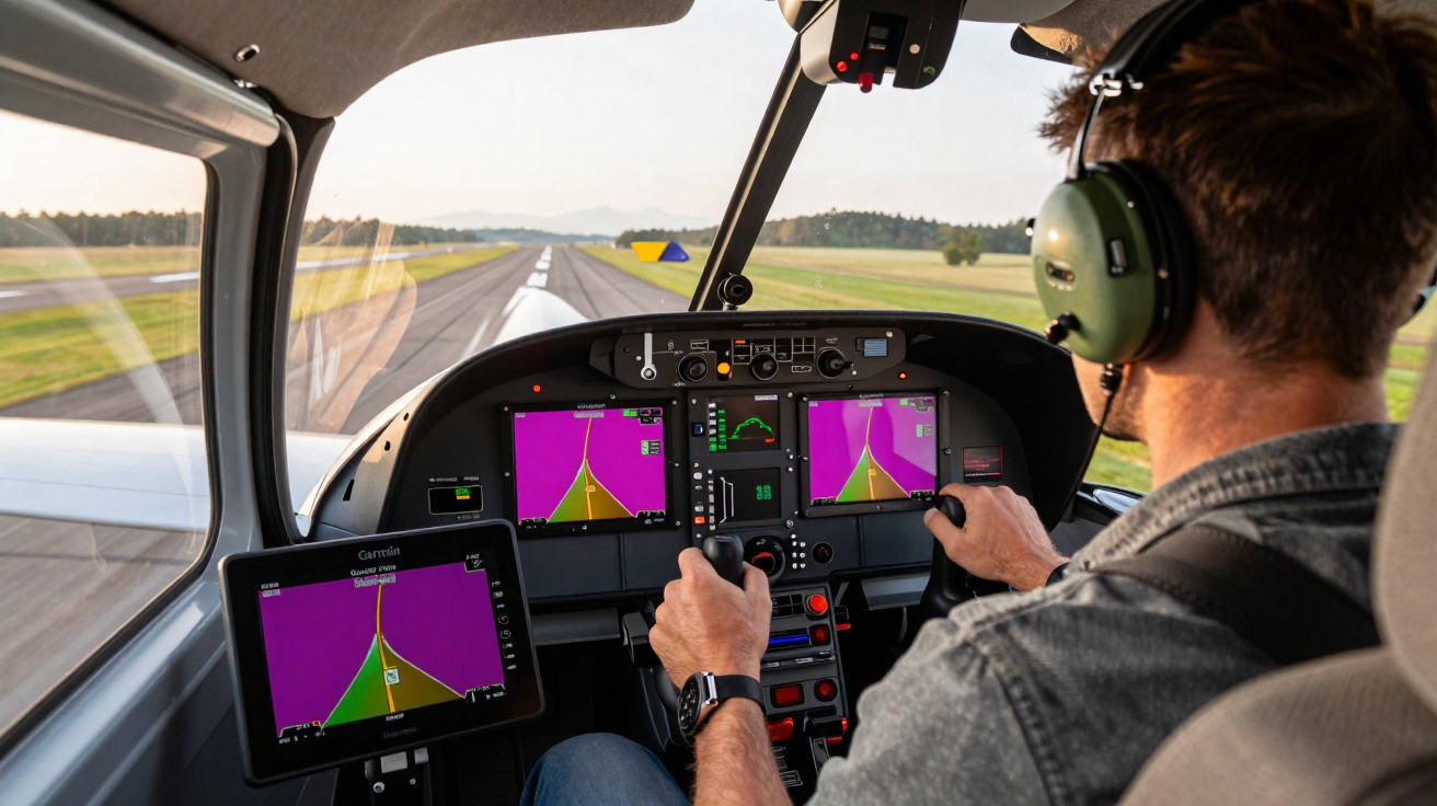 Piloto com headset manobra avião pequeno em pista de decolagem, vista do painel de controle e janelas dianteiras.