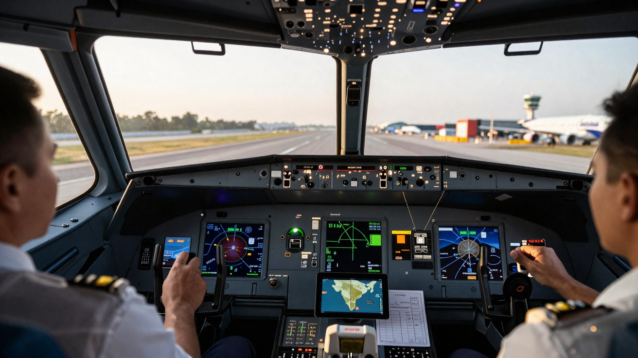 Dois pilotos operam o cockpit de um avião comercial prestes a decolar em pista de aeroporto.
