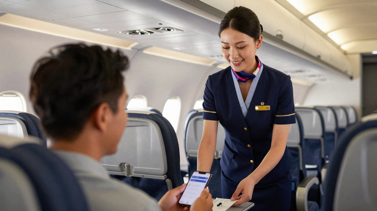 Comissária de bordo entregando máscara para passageiro dentro de avião comercial.