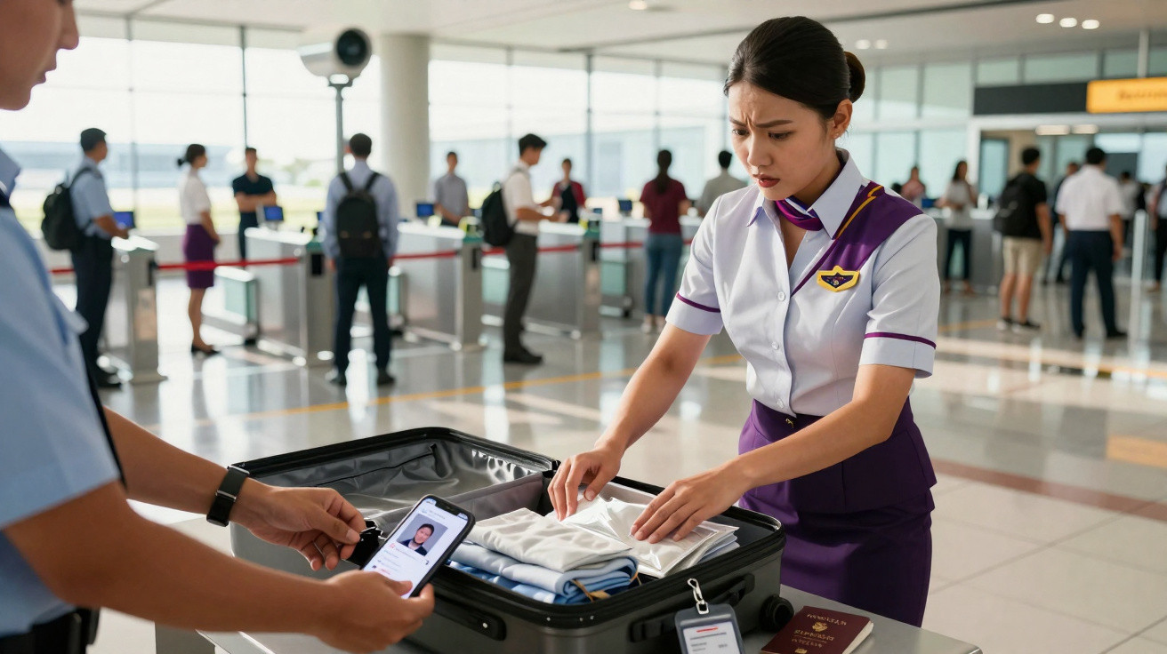 Funcionária de companhia aérea inspeciona mala aberta em aeroporto com passaporte e crachá à vista.