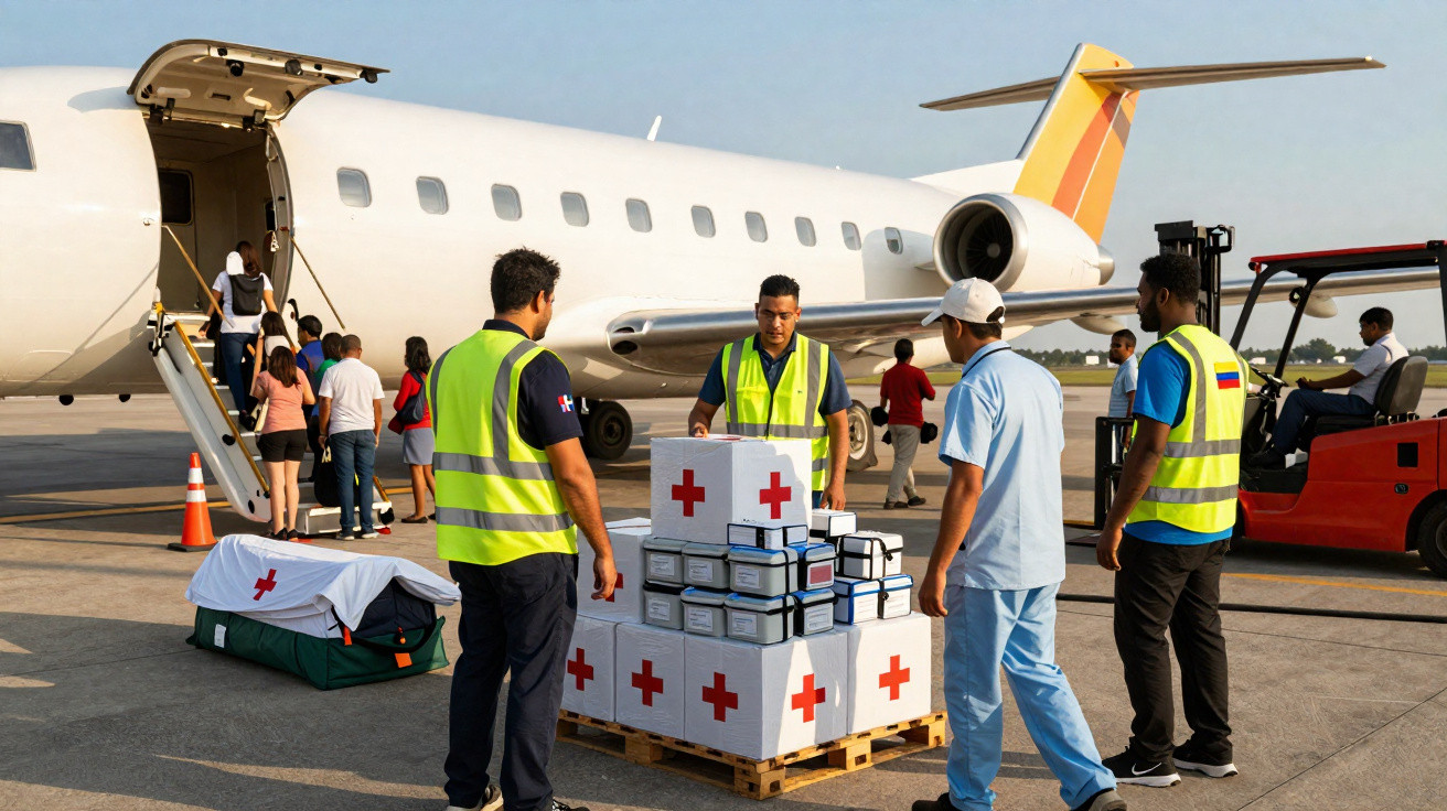 Equipe descarregando caixas de suprimentos médicos de avião em pista de aeroporto.