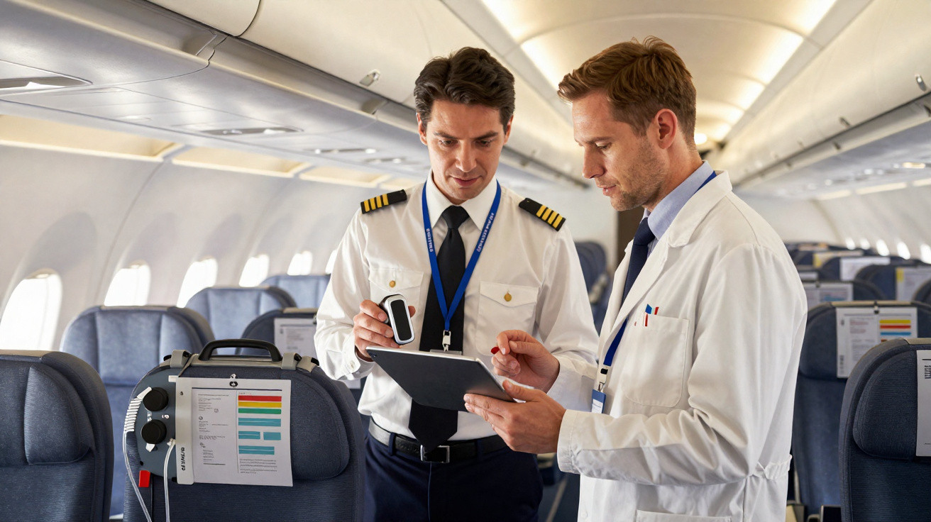 Dois homens com uniforme dentro de avião analisando documentos e equipamento médico na cabine.