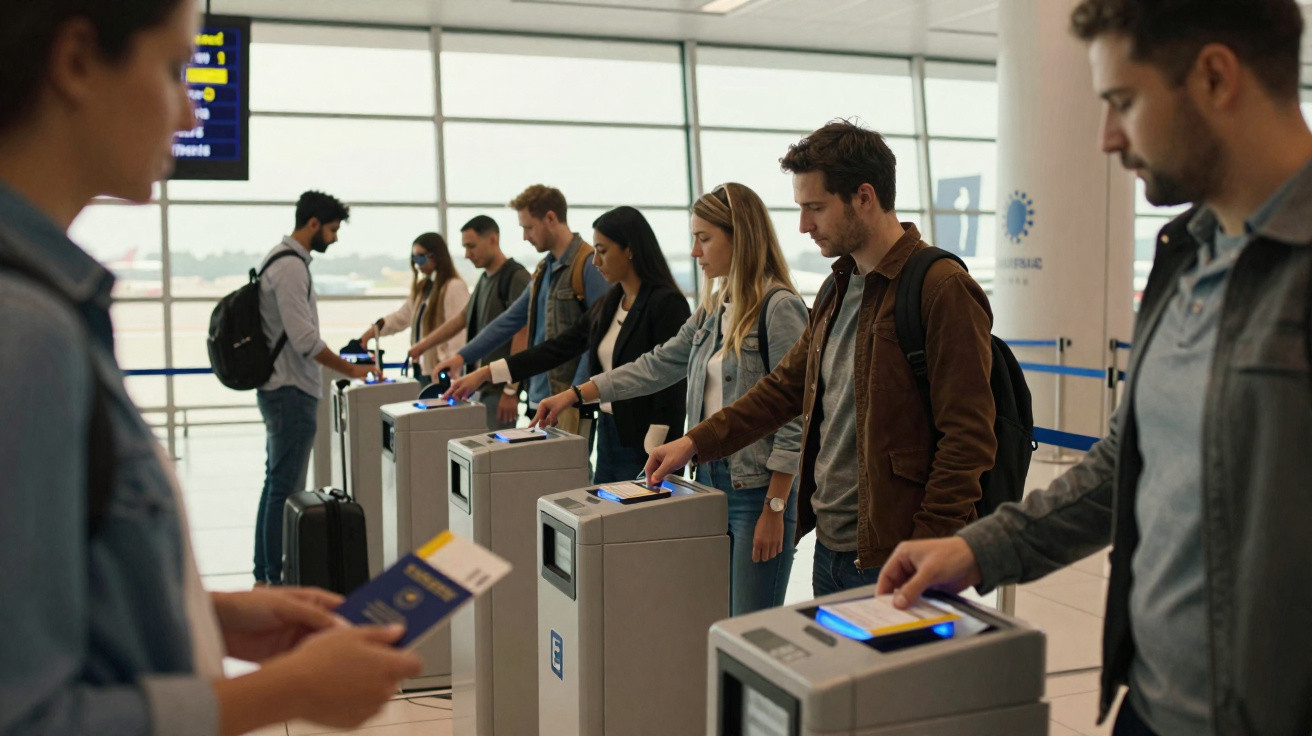 Passageiros autenticando passaportes em totens digitais no controle de fronteira de aeroporto moderno.