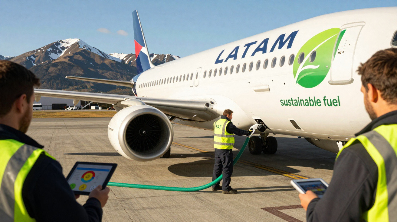 Funcionários abastecem avião Latam com combustível sustentável em aeroporto com montanhas ao fundo.