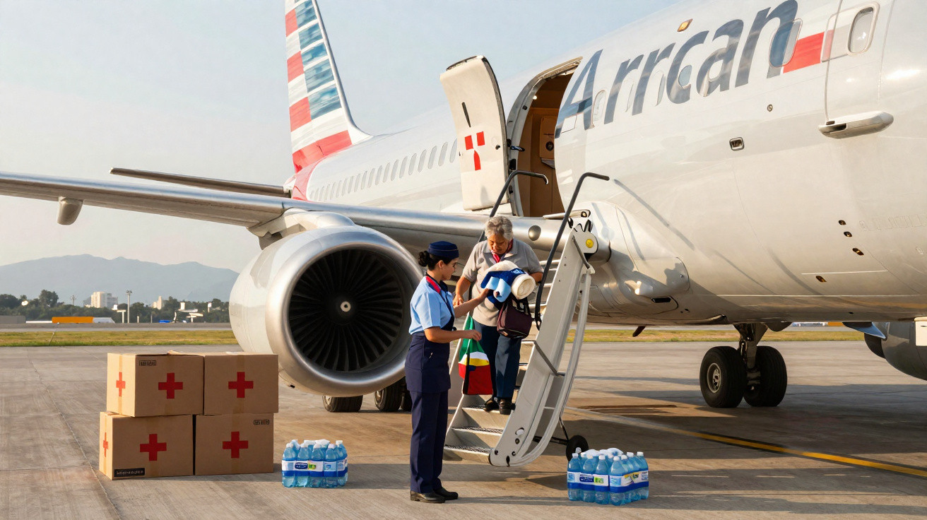 Funcionária ajuda passageiro a desembarcar de avião ao lado de caixas e garrafas de água na pista.