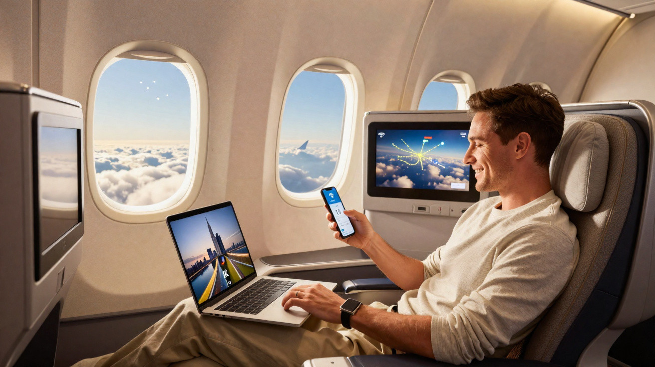 Homem sentado em poltrona de avião usando laptop e celular, com vista para céu e nuvens pelas janelas.