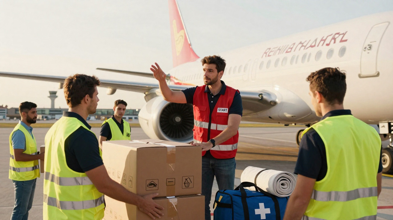 Equipe de logística com coletes refletivos organiza caixas ao lado de avião no aeroporto ao entardecer.