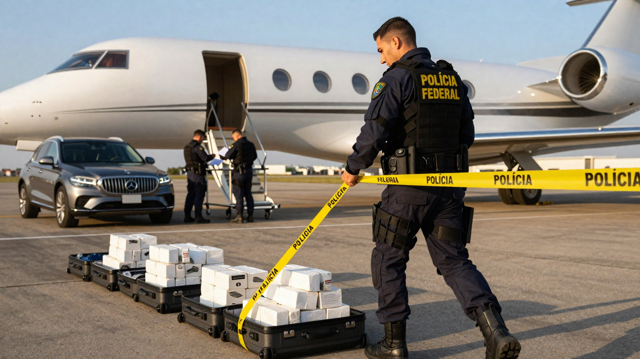 Policial federal lacrando malas com pacotes apreendidos perto de jatinho e carro no aeroporto.
