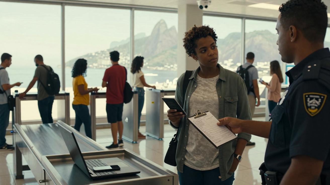 Mulher mostrando documento para segurança em controle de acesso com vista para montanhas ao fundo.