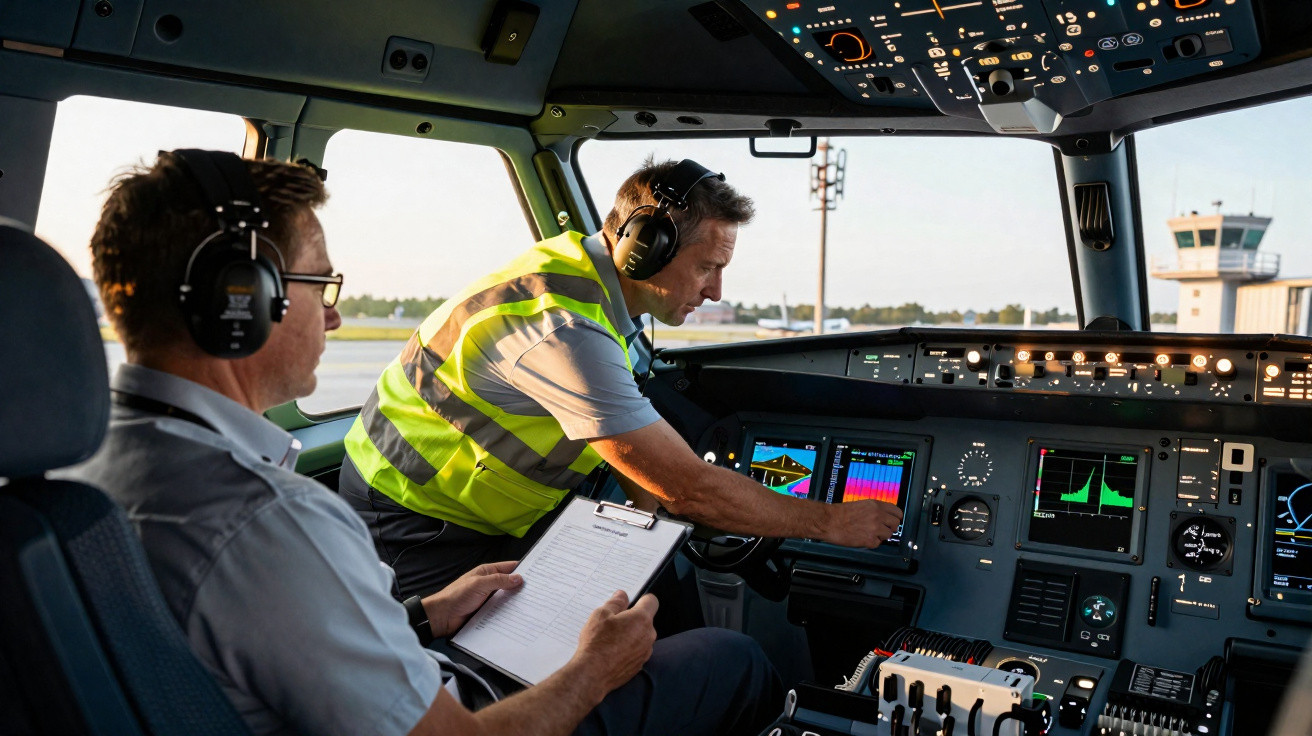 Dois pilotos com coletes e fones checam sistemas e instrumentos no cockpit de um avião parado.